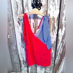 Sugarfox Stripe Color block Shoulder Tie Top Size Large Red, White & Blue